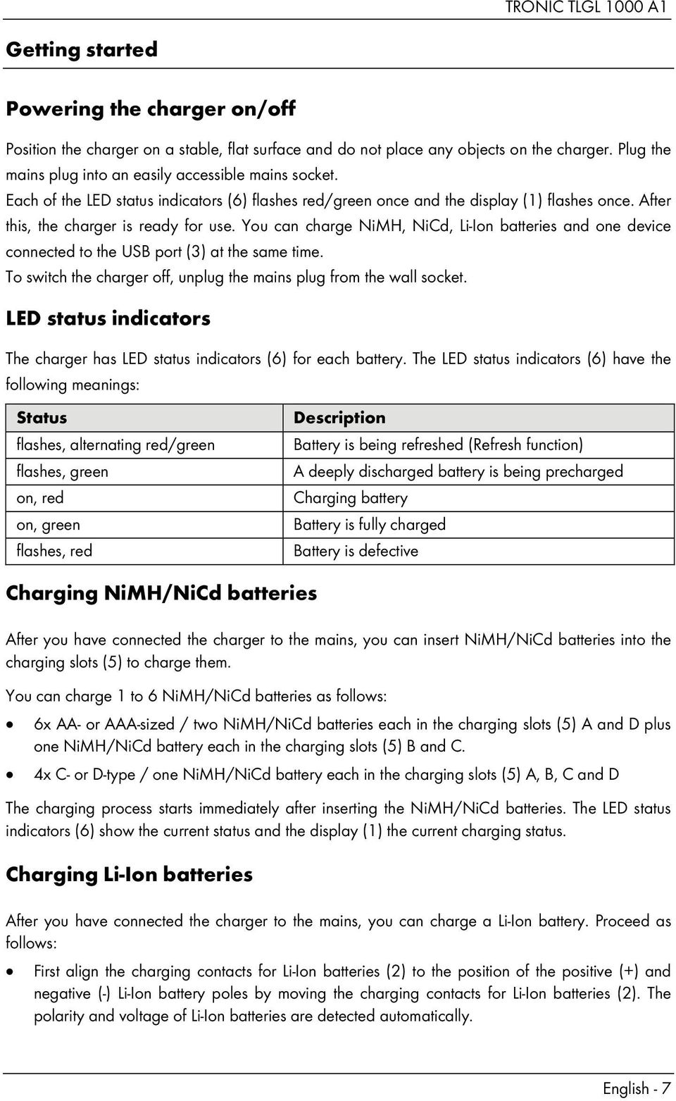 You can charge NiMH, NiCd, Li-Ion batteries and one device connected to the USB port (3) at the same time. To switch the charger off, unplug the mains plug from the wall socket.