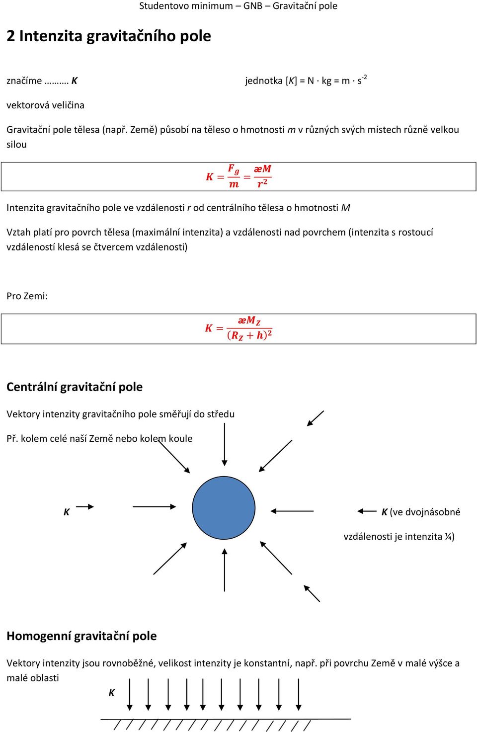 (maximální intenzita) a vzdálenosti nad povrchem (intenzita s rostoucí vzdáleností klesá se čtvercem vzdálenosti) Pro Zemi: Centrální gravitační pole Vektory intenzity gravitačního pole směřují do