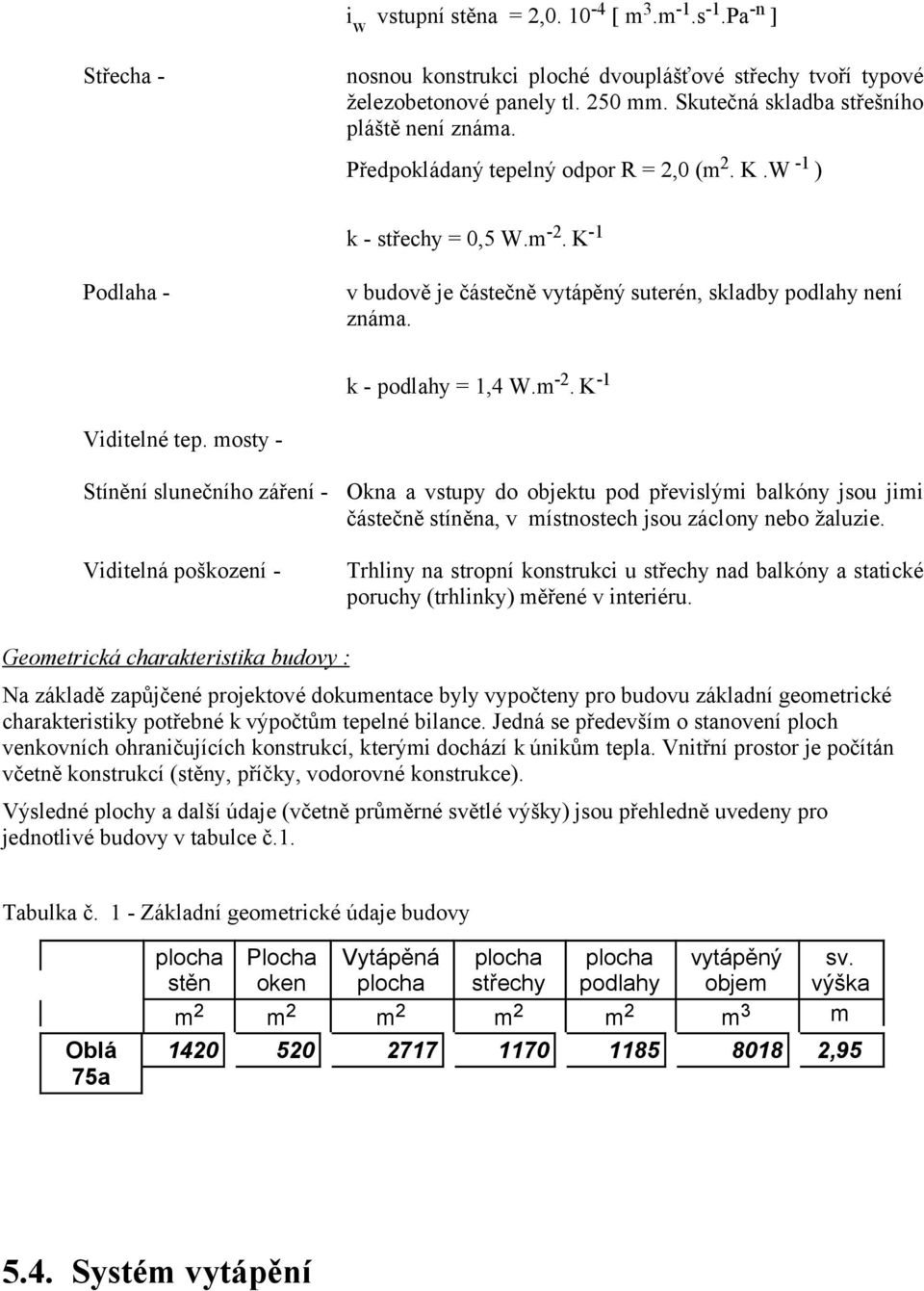 K -1 Podlaha - v budově je částečně vytápěný suterén, skladby podlahy není známa. k - podlahy = 1,4 W.m -2. K -1 Viditelné tep.