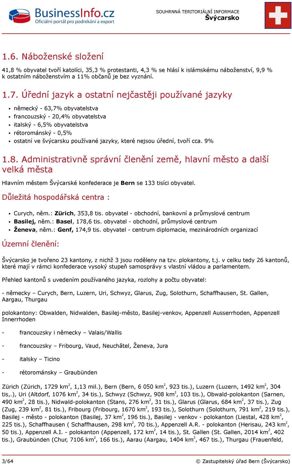 které nejsou úřední, tvoří cca. 9% 1.8. Administrativně správní členění země, hlavní město a další velká města Hlavním městem Švýcarské konfederace je Bern se 133 tisíci obyvatel.