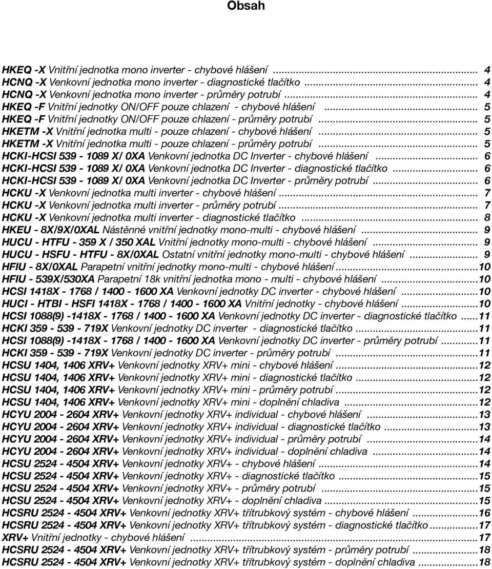 jednotka multi - pouze chlazení - průměry............ HCKI-HCSI 39-1089 X/ 0XA Venkovní jednotka DC Inverter - chybové... 6 HCKI-HCSI 39-1089 X/ 0XA Venkovní jednotka DC Inverter - diagnostické.