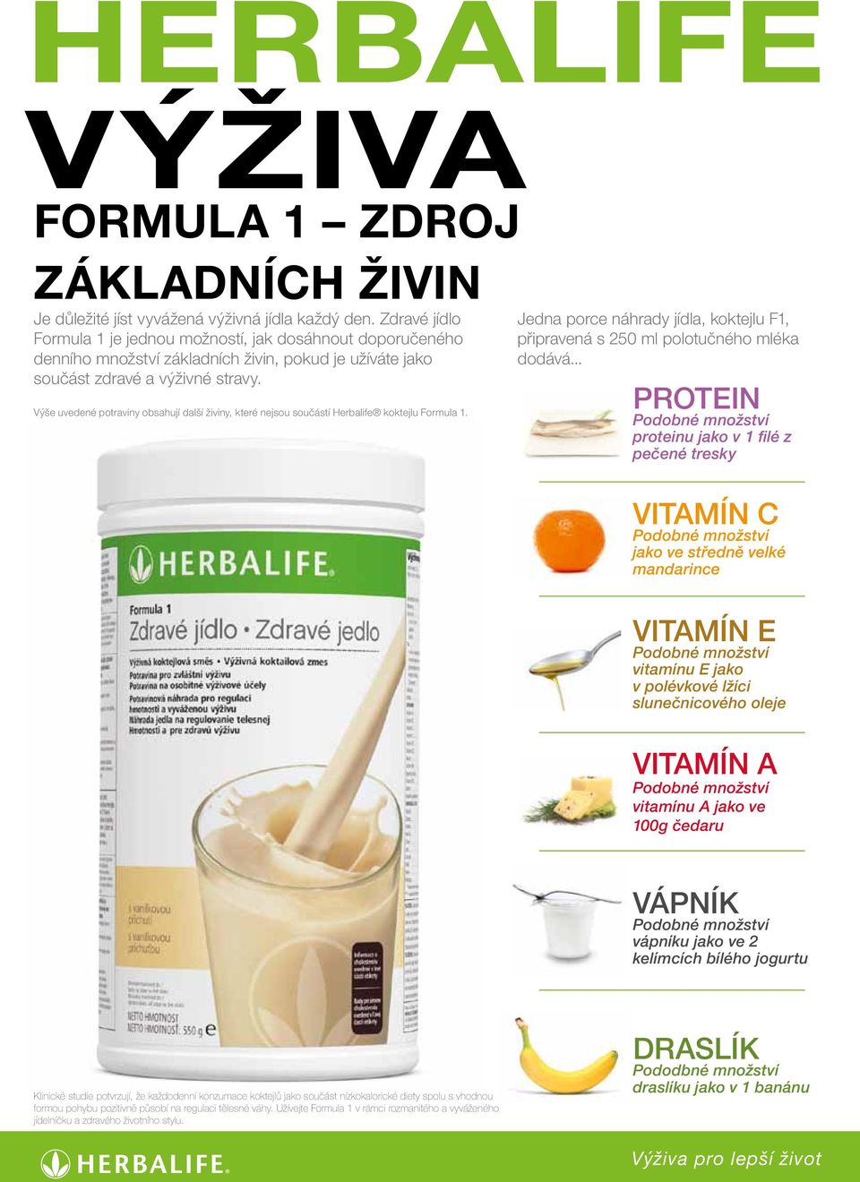 Výše uvedené potraviny obsahují další živiny, které nejsou součástí Herbalife koktejlu Formula 1. Jedna porce náhrady jídla, koktejlu F1, připravená s 250 ml polotučného mléka dodává.