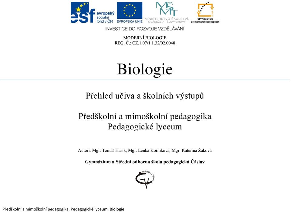 mimoškolní pedagogika Pedagogické lyceum Autoři: Mgr.