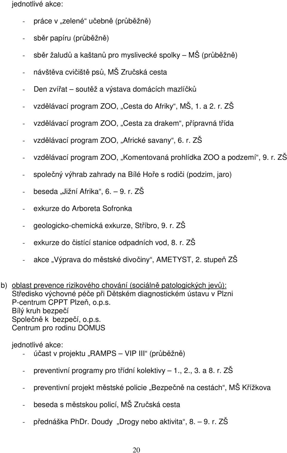 r. ZŠ - společný výhrab zahrady na Bílé Hoře s rodiči (podzim, jaro) - beseda Jižní Afrika, 6. 9. r. ZŠ - exkurze do Arboreta Sofronka - geologicko-chemická exkurze, Stříbro, 9. r. ZŠ - exkurze do čistící stanice odpadních vod, 8.