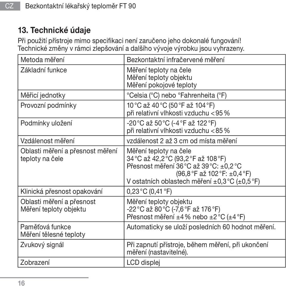 Metoda měření Základní funkce Měřicí jednotky Provozní podmínky Podmínky uložení Vzdálenost měření Oblasti měření a přesnost měření teploty na čele Klinická přesnost opakování Oblasti měření a