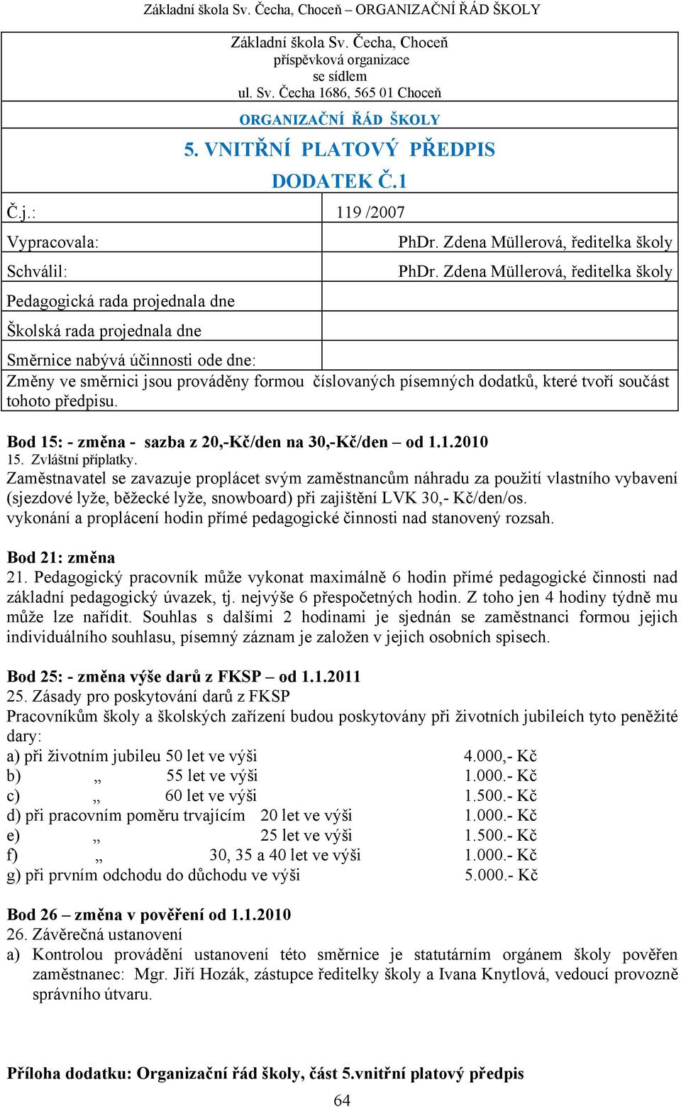 Zdena Müllerová, ředitelka školy Směrnice nabývá účinnosti ode dne: Změny ve směrnici jsou prováděny formou číslovaných písemných dodatků, které tvoří součást tohoto předpisu.