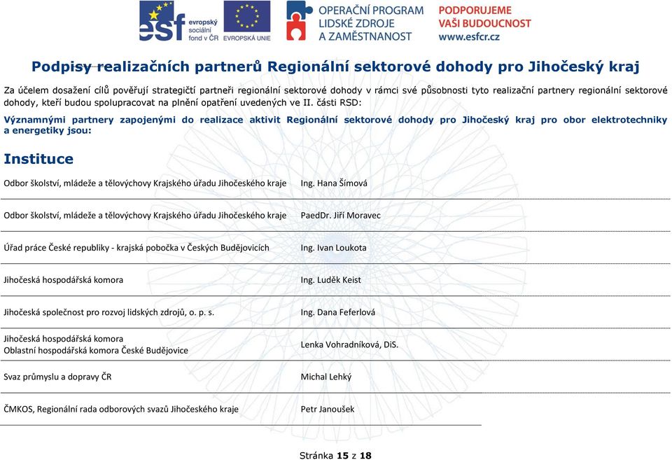 části RSD: Významnými partnery zapojenými do realizace aktivit Regionální sektorové dohody pro Jihočeský kraj pro obor elektrotechniky a energetiky jsou: Instituce Odbor školství, mládeže a