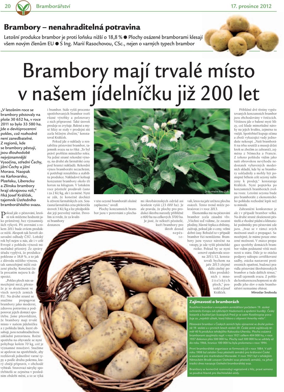 , nejen o varných typech brambor Brambory mají trvalé místo v našem jídelníčku již 200 let V letošním roce se brambory pěstovaly na ploše 30 652 ha, v roce 2011 to bylo 33 580 ha.