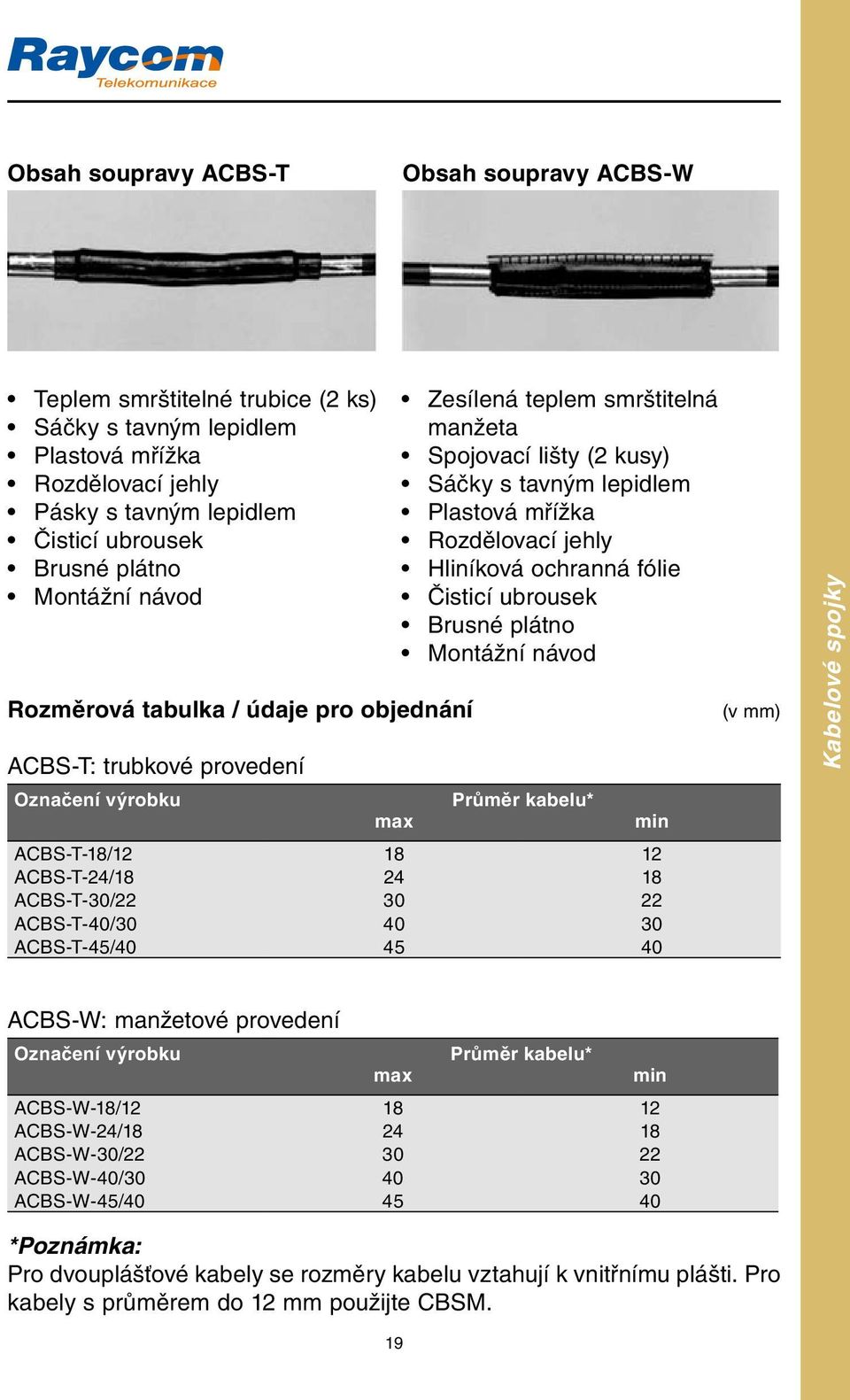 Rozdělovací jehly Hliníková ochranná fólie Čisticí ubrousek Brusné plátno Montážní návod Průměr kabelu* ACBS-T-18/12 18 12 ACBS-T-24/18 24 18 ACBS-T-30/22 30 22 ACBS-T-40/30 40 30 ACBS-T-45/40 45 40