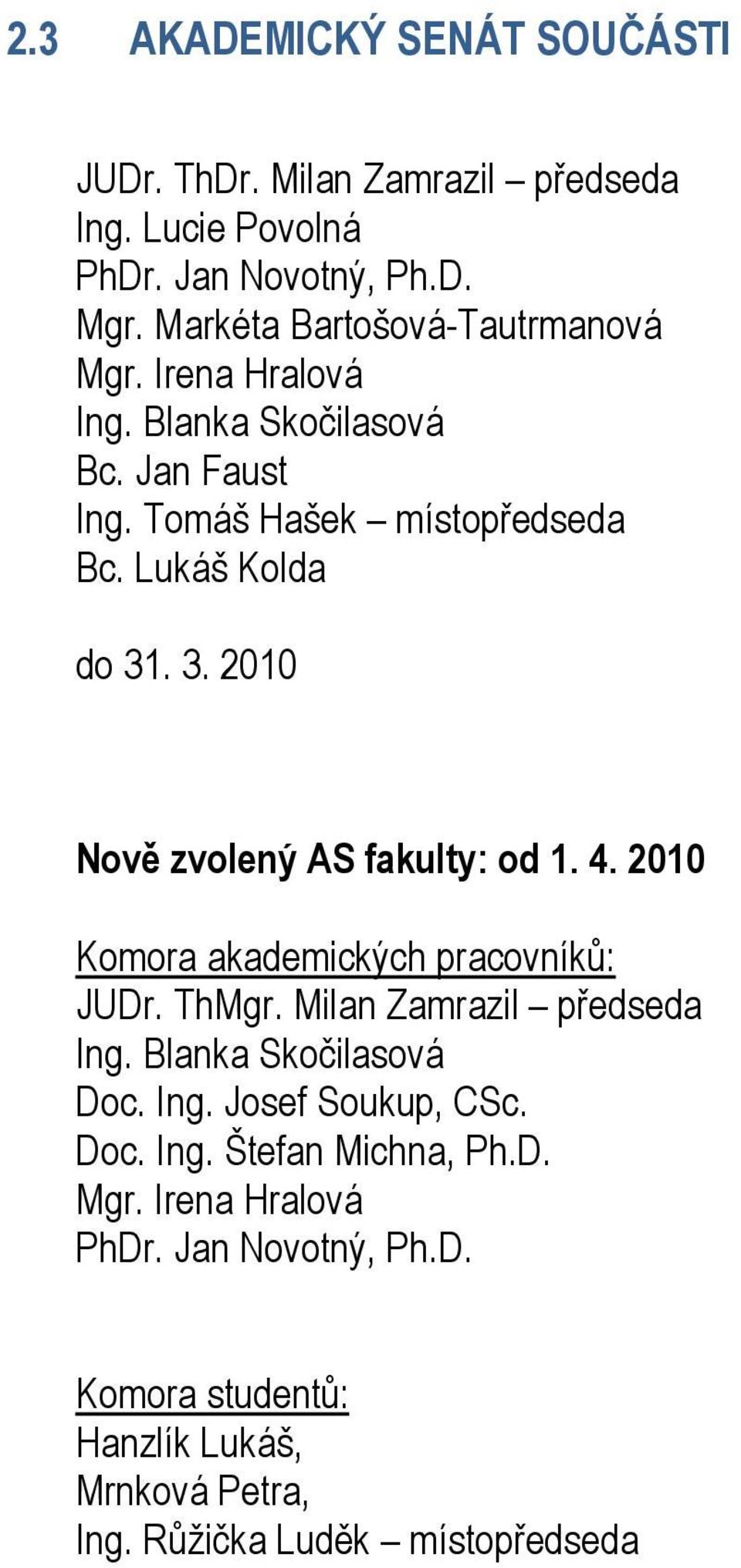 . 3. 2010 Nově zvolený AS fakulty: od 1. 4. 2010 Komora akademických pracovníků: JUDr. ThMgr. Milan Zamrazil předseda Ing.
