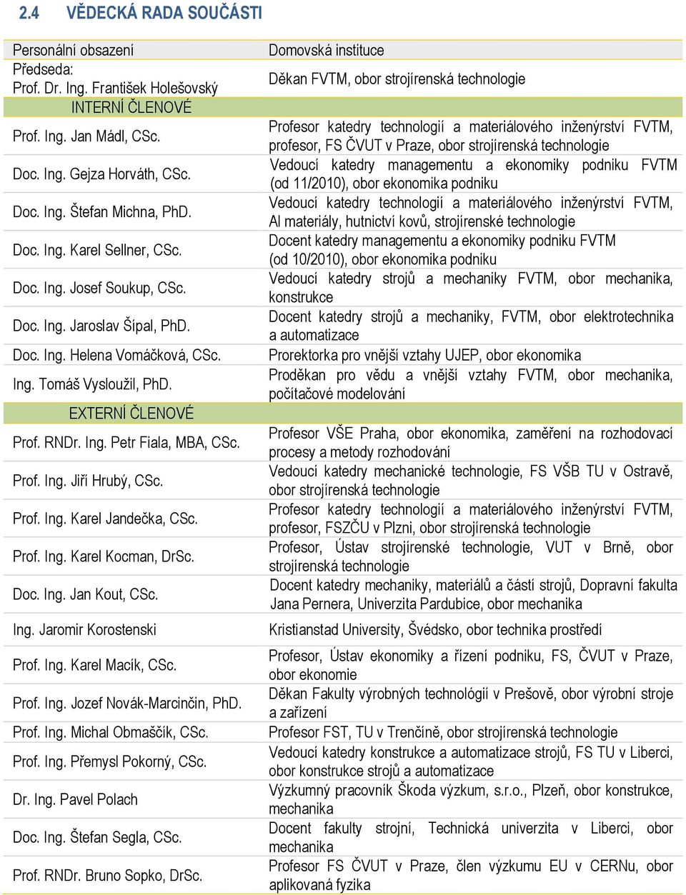 Prof. Ing. Karel Jandečka, CSc. Prof. Ing. Karel Kocman, DrSc. Doc. Ing. Jan Kout, CSc. Ing. Jaromir Korostenski Prof. Ing. Karel Macík, CSc. Prof. Ing. Jozef Novák-Marcinčin, PhD. Prof. Ing. Michal Obmaščík, CSc.