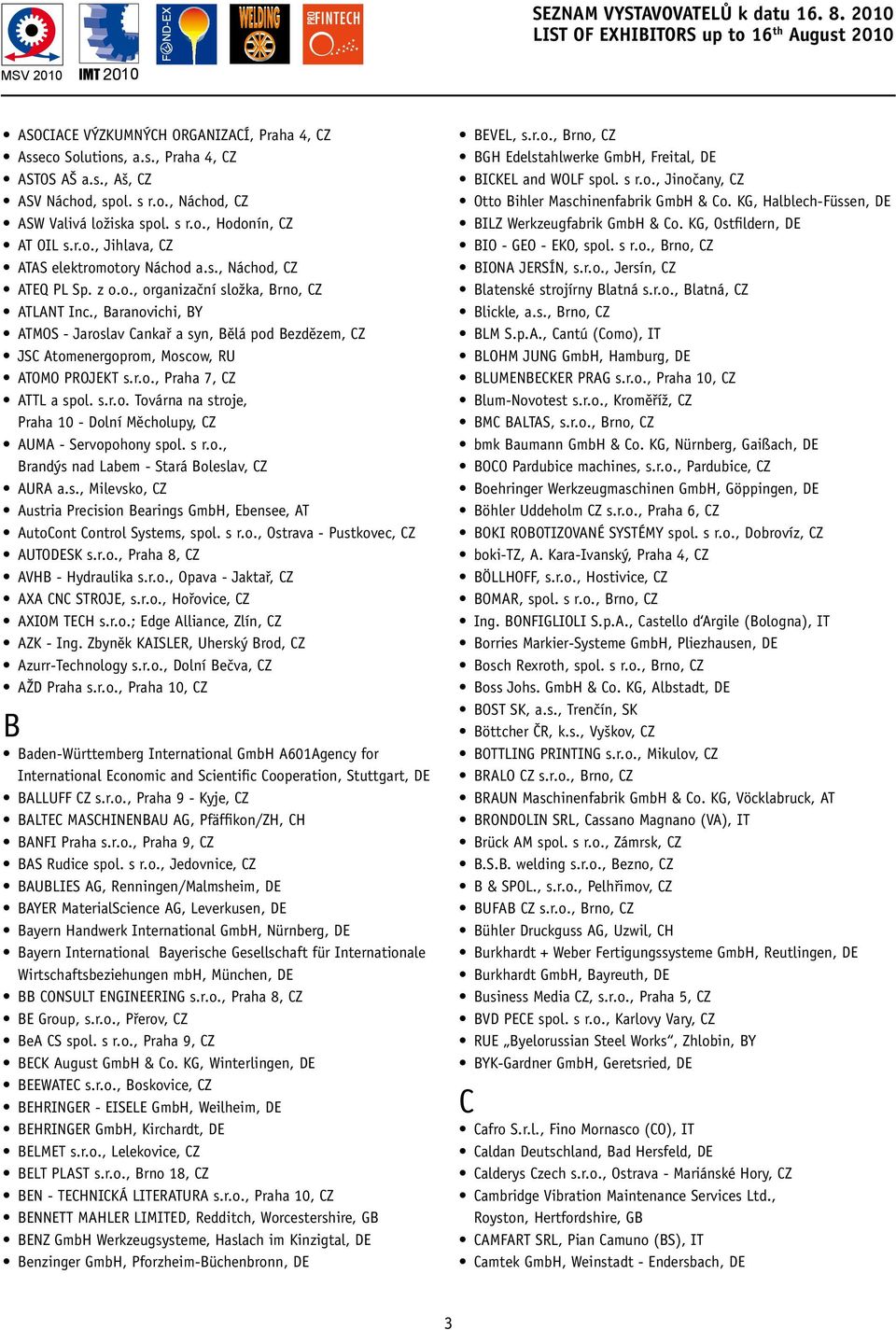 , Baranovichi, BY ATMOS - Jaroslav Cankař a syn, Bělá pod Bezdězem, CZ JSC Atomenergoprom, Moscow, RU ATOMO PROJEKT s.r.o., Praha 7, CZ ATTL a spol. s.r.o. Továrna na stroje, Praha - Dolní Měcholupy, CZ AUMA - Servopohony spol.