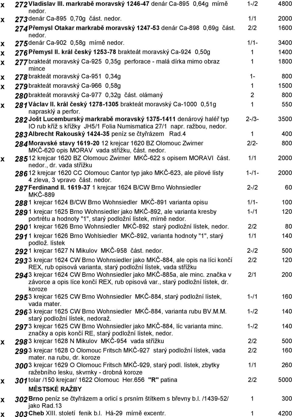 král český 1253-78 brakteát moravský Ca-924 0,50g 1 1400 x 277 brakteát moravský Ca-925 0,35g perforace - malá dírka mimo obraz mince 1 1800 x 278 brakteát moravský Ca-951 0,34g 1-800 x 279 brakteát