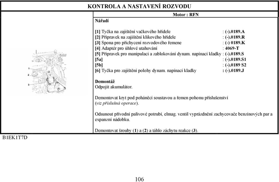 0189 S2 [6] Tyčka pro zajištění polohy dynam. napínací kladky : (-).0189.J Demontáž Odpojit akumulátor.