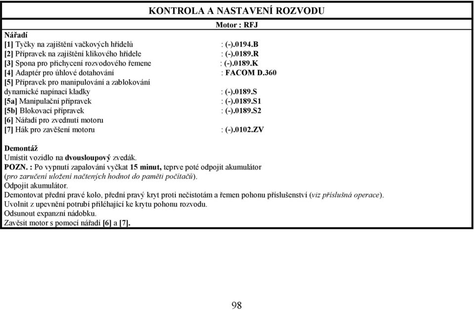 0102.ZV Demontáž Umístit vozidlo na dvousloupový zvedák. POZN. : Po vypnutí zapalování vyčkat 15 minut, teprve poté odpojit akumulátor (pro zaručení uložení načtených hodnot do paměti počítačů).