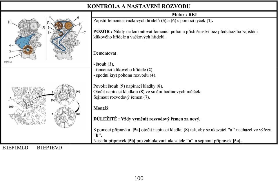 Demontovat : - šroub (3), - řemenici klikového hřídele (2), - spodní kryt pohonu rozvodu (4). Povolit šroub (9) napínací kladky (8).