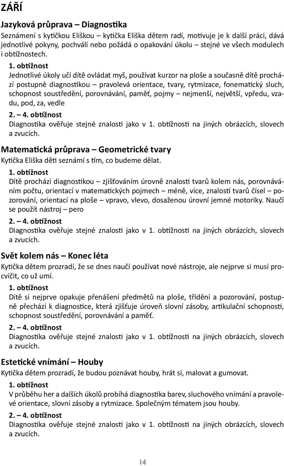 Jednotlivé úkoly učí dítě ovládat myš, používat kurzor na ploše a současně dítě prochází postupně diagnostikou pravolevá orientace, tvary, rytmizace, fonematický sluch, schopnost soustředění,