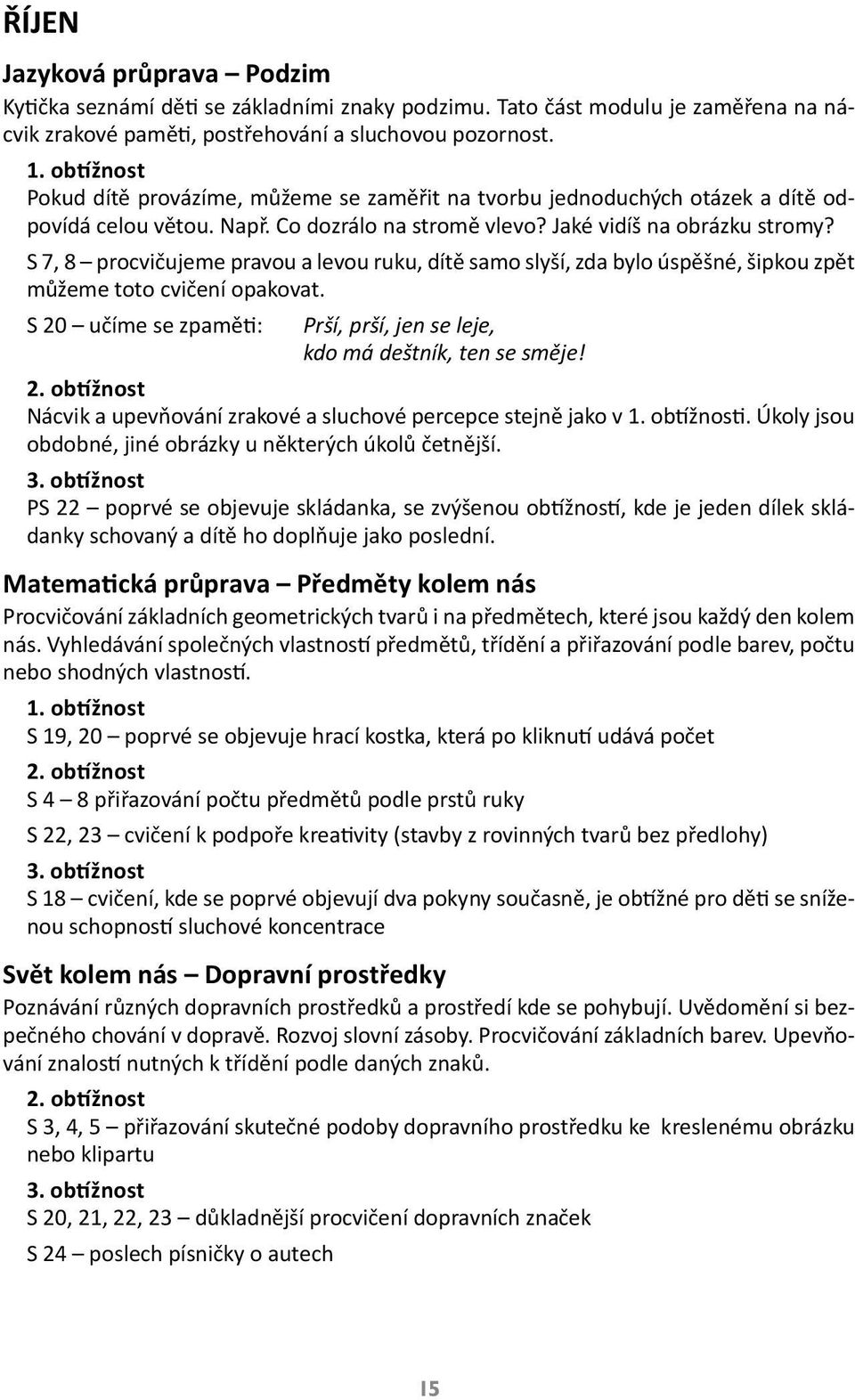 S 7, 8 procvičujeme pravou a levou ruku, dítě samo slyší, zda bylo úspěšné, šipkou zpět můžeme toto cvičení opakovat. S 20 učíme se zpaměti: Prší, prší, jen se leje, kdo má deštník, ten se směje!