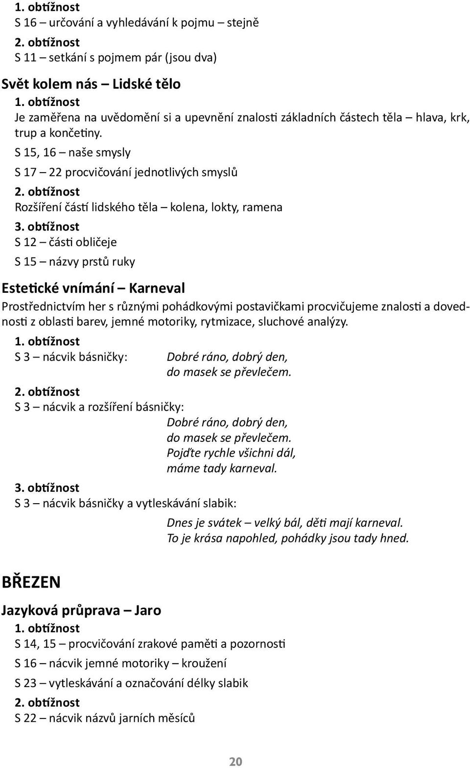 S 15, 16 naše smysly S 17 22 procvičování jednotlivých smyslů Rozšíření částí lidského těla kolena, lokty, ramena S 12 části obličeje S 15 názvy prstů ruky Estetické vnímání Karneval Prostřednictvím