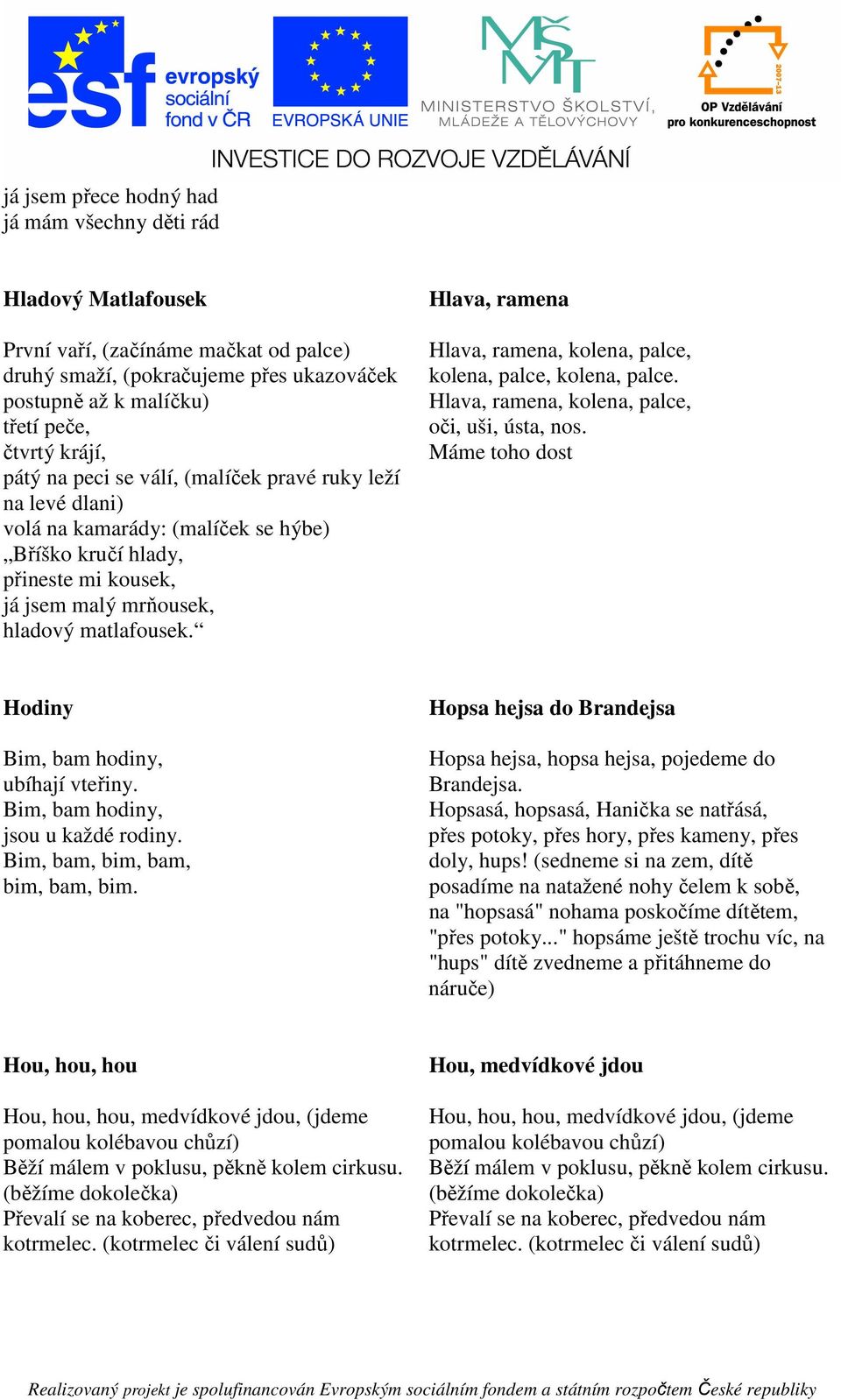 Hlava, ramena Hlava, ramena, kolena, palce, kolena, palce, kolena, palce. Hlava, ramena, kolena, palce, oči, uši, ústa, nos. Máme toho dost Hodiny Bim, bam hodiny, ubíhají vteřiny.