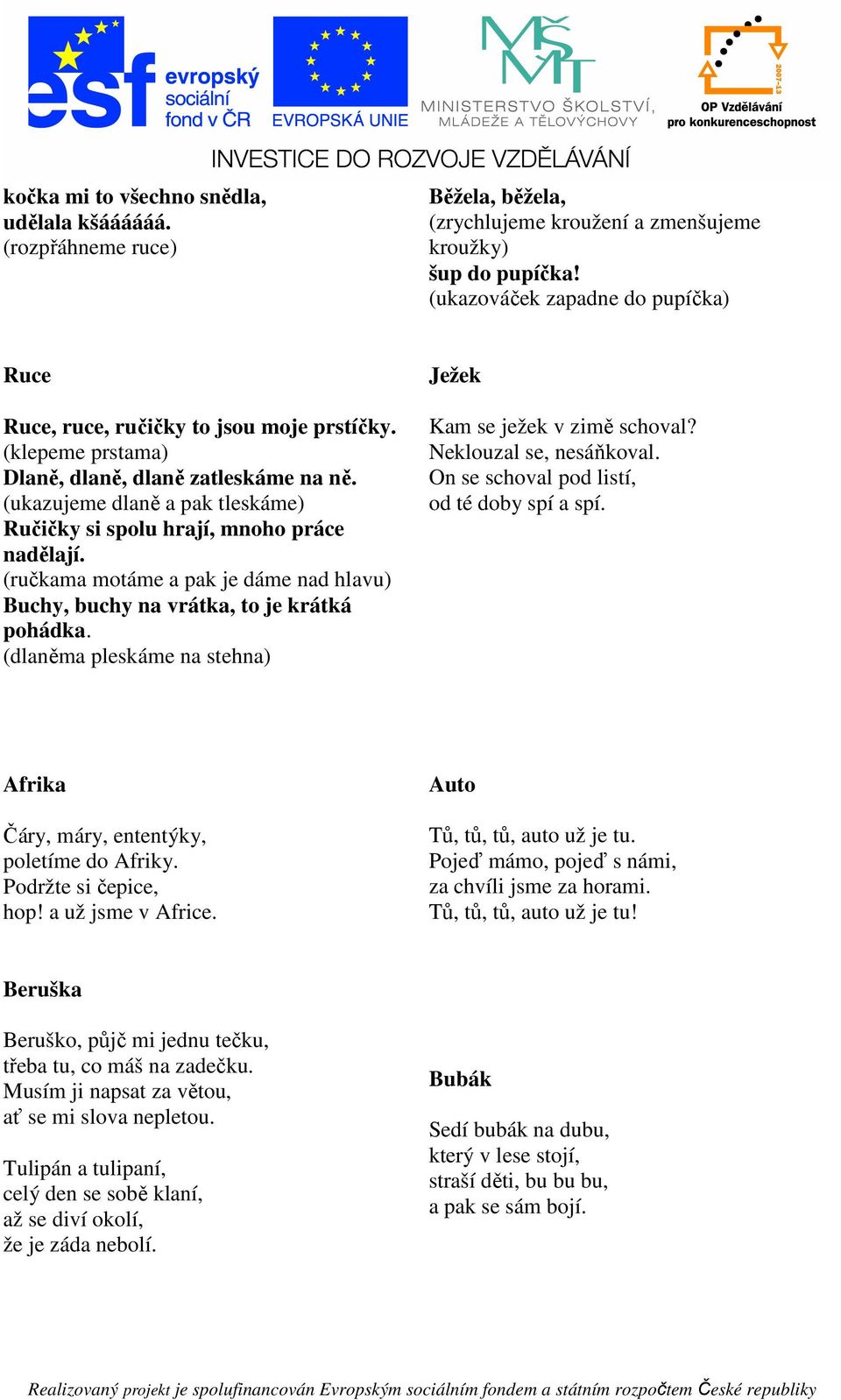 (ukazujeme dlaně a pak tleskáme) Ručičky si spolu hrají, mnoho práce nadělají. (ručkama motáme a pak je dáme nad hlavu) Buchy, buchy na vrátka, to je krátká pohádka.