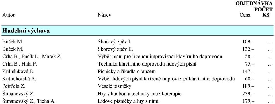 Technika klavírního doprovodu lidových písní 75, Kulhánková E. Písničky a říkadla s tancem 147, Kutnohorská A.