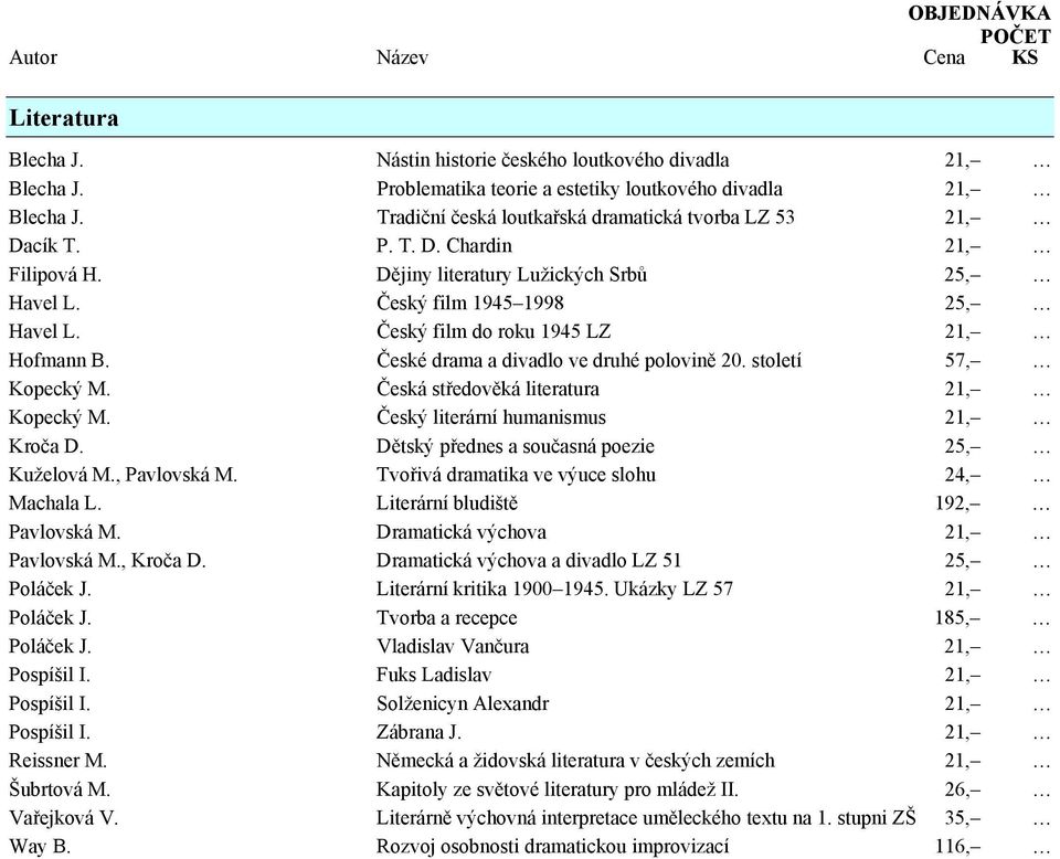 Český film do roku 1945 LZ 21, Hofmann B. České drama a divadlo ve druhé polovině 20. století 57, Kopecký M. Česká středověká literatura 21, Kopecký M. Český literární humanismus 21, Kroča D.