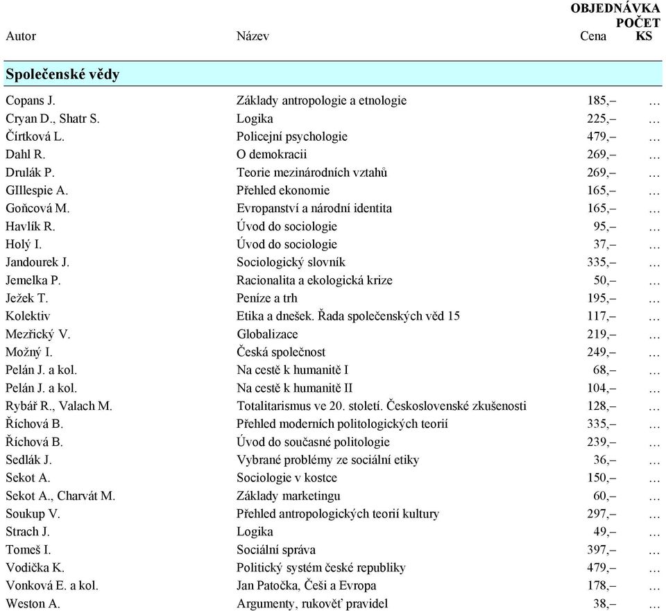 Sociologický slovník 335, Jemelka P. Racionalita a ekologická krize 50, Ježek T. Peníze a trh 195, Kolektiv Etika a dnešek. Řada společenských věd 15 117, Mezřický V. Globalizace 219, Možný I.