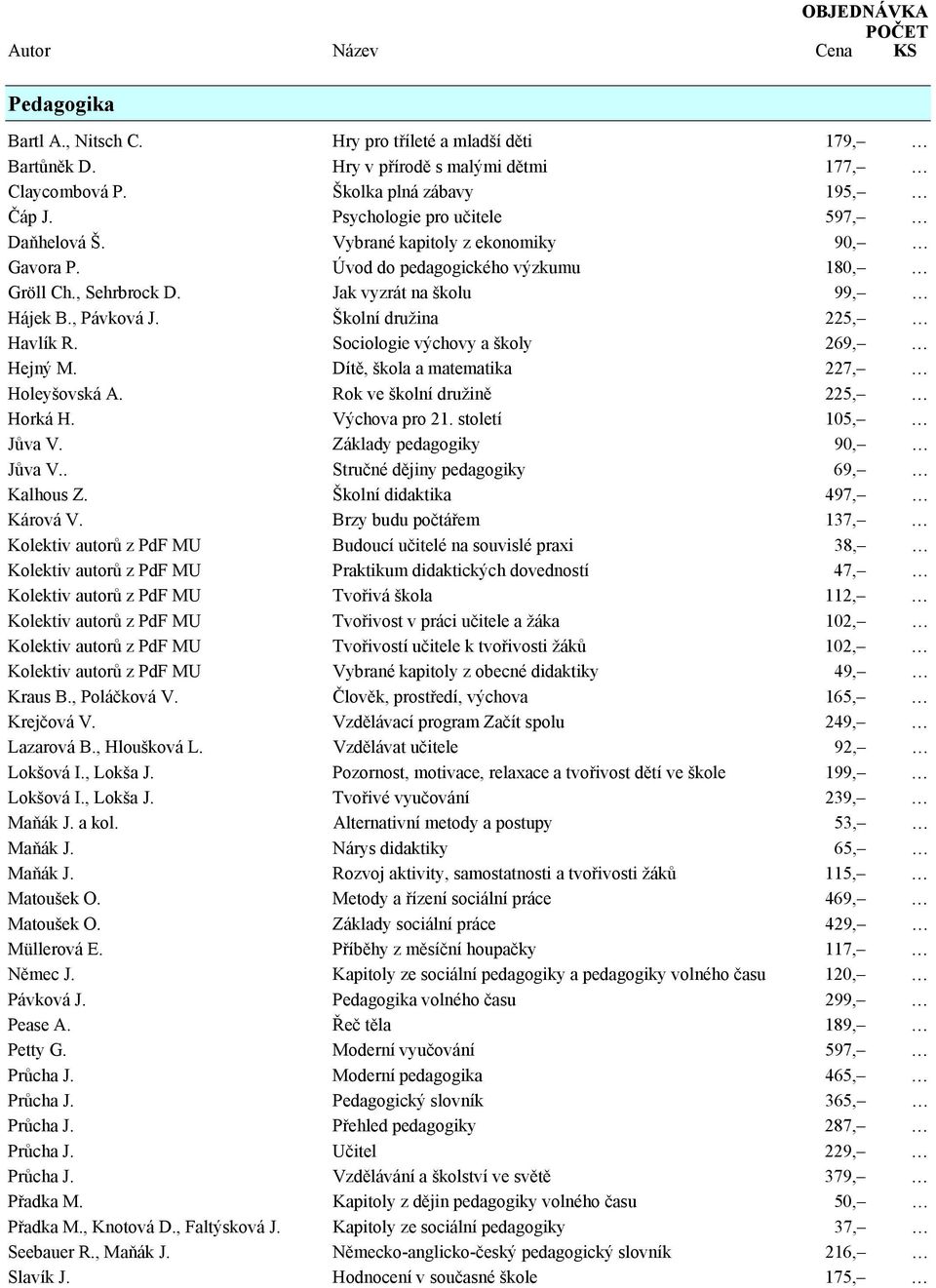 Sociologie výchovy a školy 269, Hejný M. Dítě, škola a matematika 227, Holeyšovská A. Rok ve školní družině 225, Horká H. Výchova pro 21. století 105, Jůva V. Základy pedagogiky 90, Jůva V.