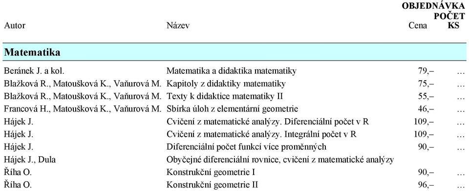 Cvičení z matematické analýzy. Diferenciální počet v R 109, Hájek J. Cvičení z matematické analýzy. Integrální počet v R 109, Hájek J.