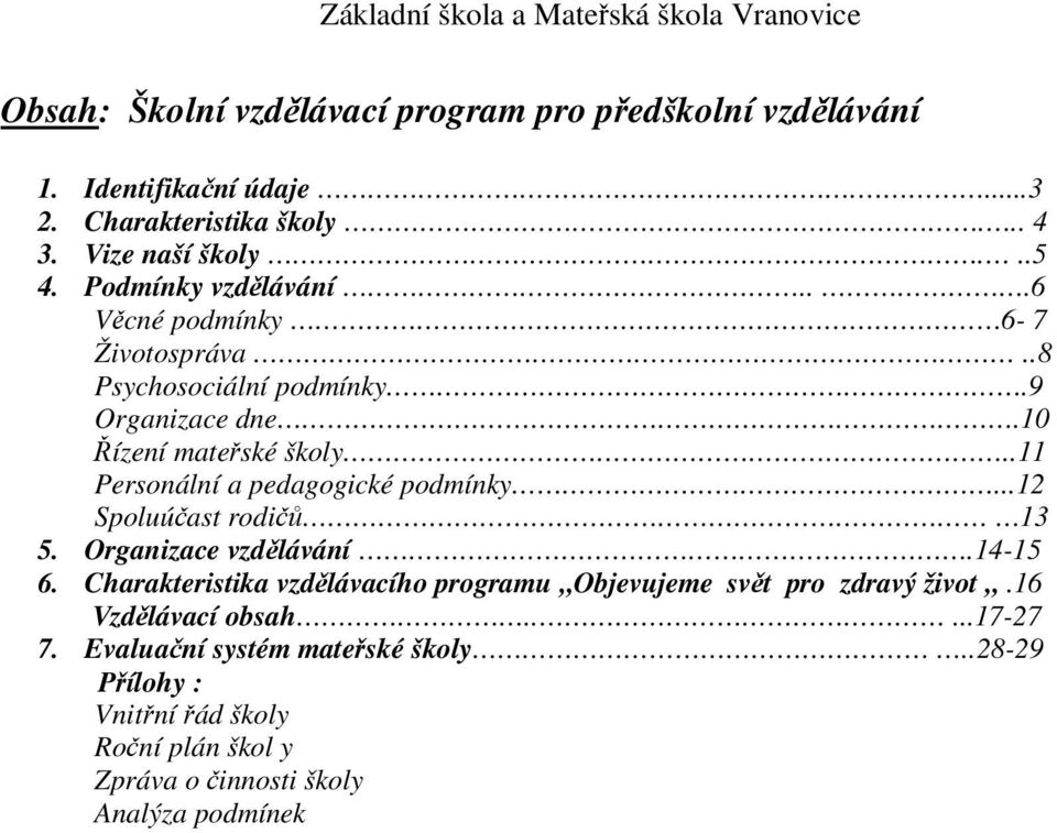 .11 Personální a pedagogické podmínky...12 Spoluúčast rodičů 13 5. Organizace vzdělávání.14-15 6.