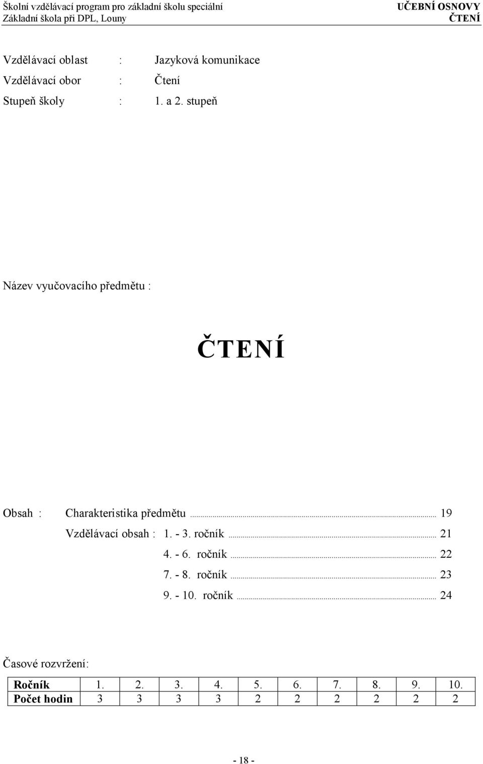 stupeň Název vyučovacího předmětu : ČTENÍ Obsah : Charakteristika předmětu... 19 Vzdělávací obsah : 1. - 3. ročník.