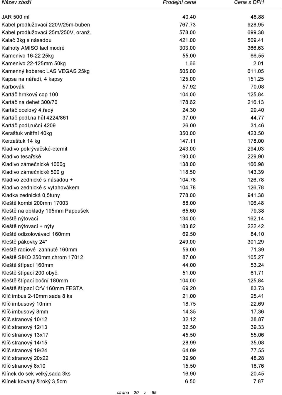 00 125.84 Kartáč na dehet 300/70 178.62 216.13 Kartáč ocelový 4.řadý 24.30 29.40 Kartáč podl.na hůl 4224/861 37.00 44.77 Kartáč podl.ruční 4209 26.00 31.46 Keraštuk vnitřní 40kg 350.00 423.