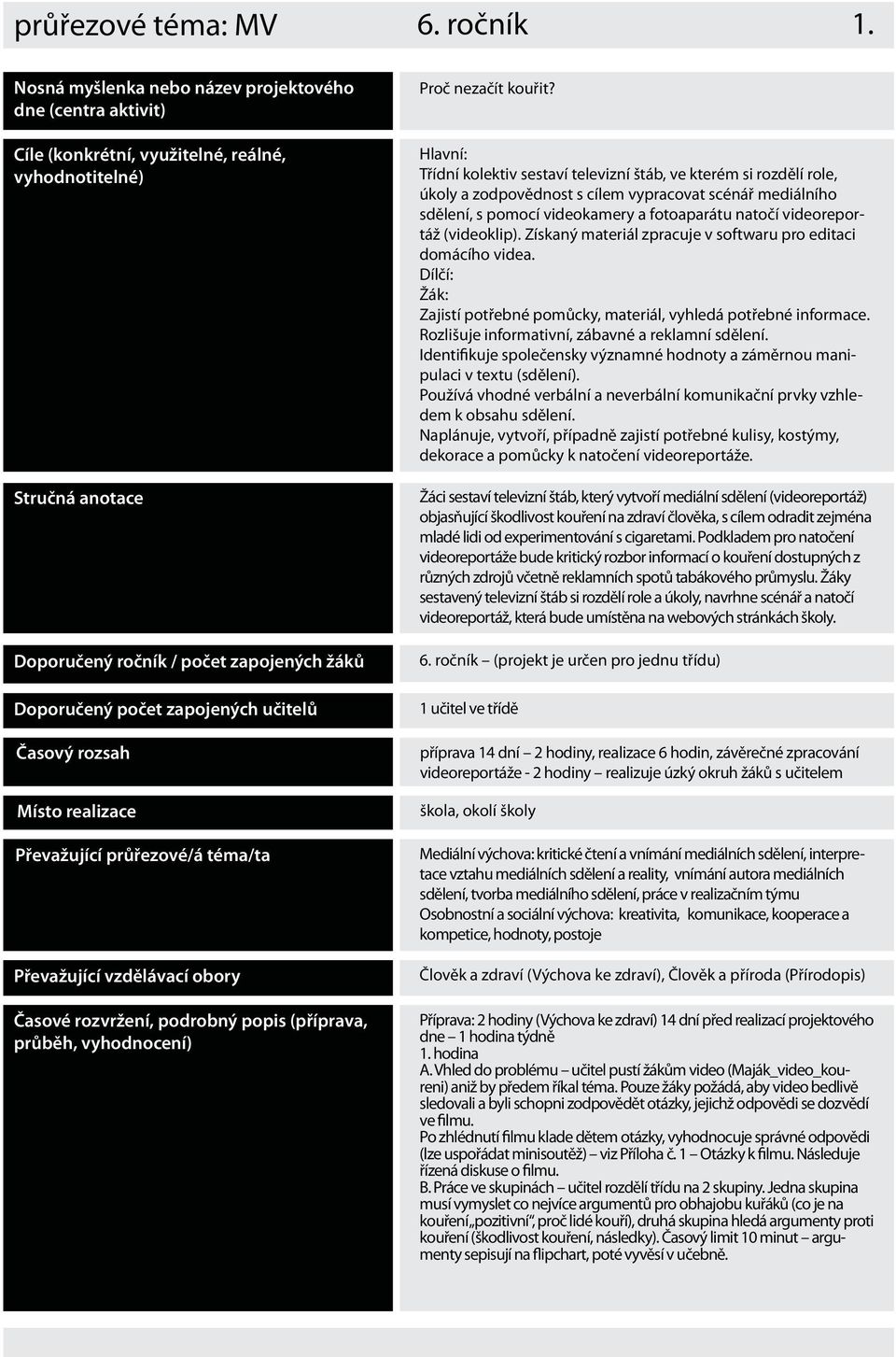 průřezové/á téma/ta Převažující vzdělávací obory Hlavní: Třídní kolektiv sestaví televizní štáb, ve kterém si rozdělí role, úkoly a zodpovědnost s cílem vypracovat scénář mediálního sdělení, s pomocí