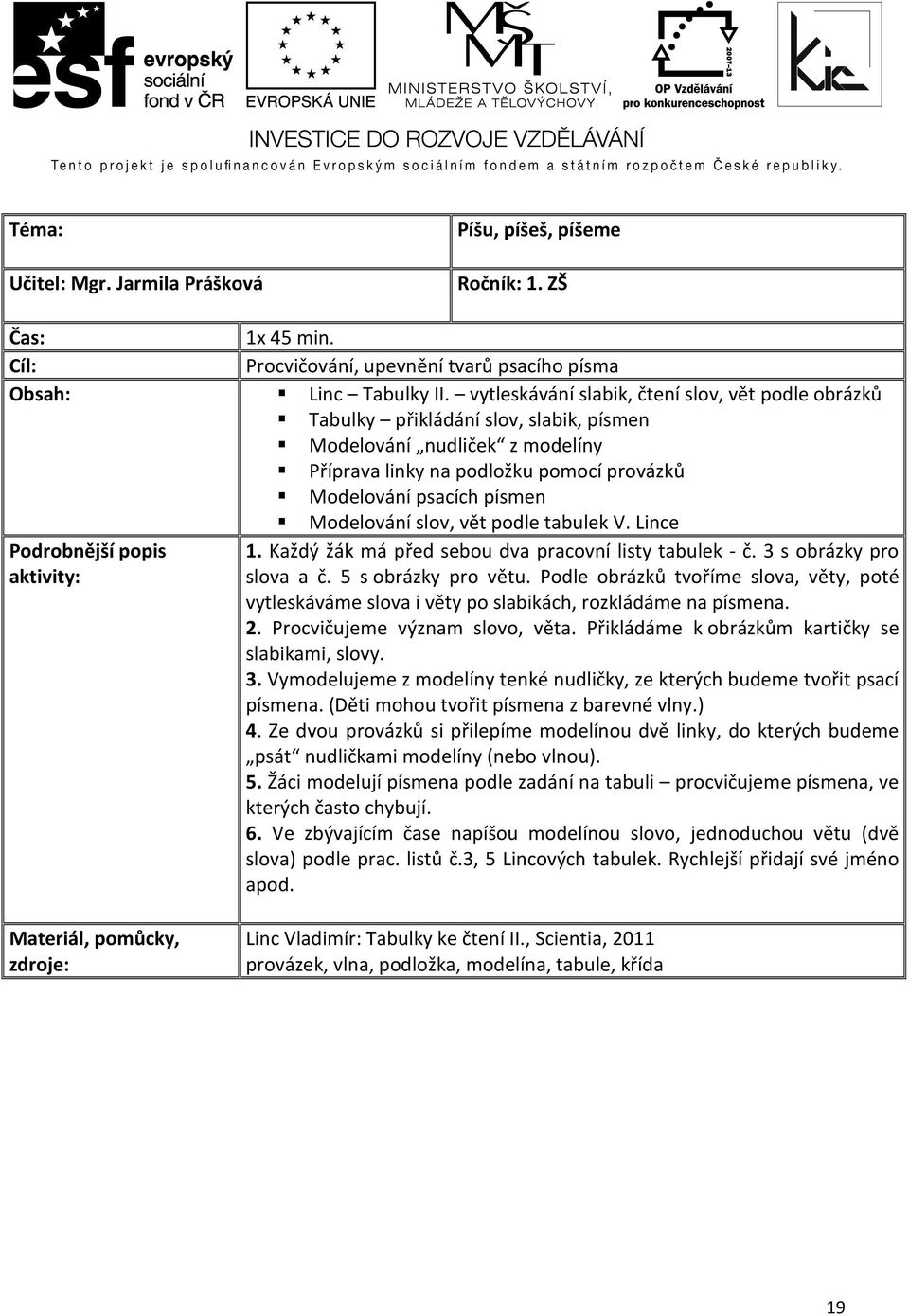 Modelování slov, vět podle tabulek V. Lince Podrobnější popis 1. Každý žák má před sebou dva pracovní listy tabulek - č. 3 s obrázky pro aktivity: slova a č. 5 s obrázky pro větu.