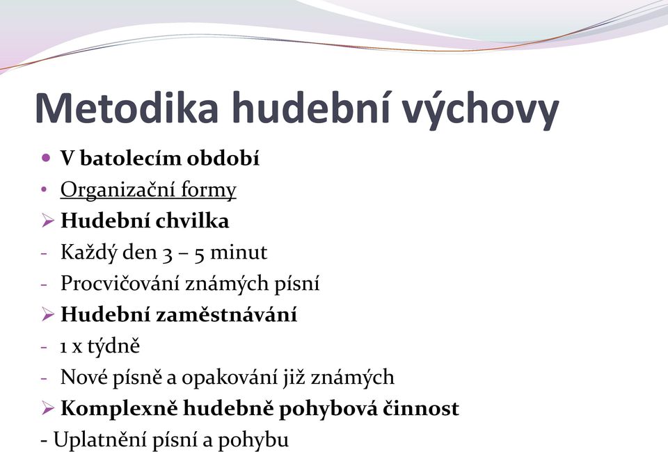 písní Hudební zaměstnávání - 1 x týdně - Nové písně a opakování