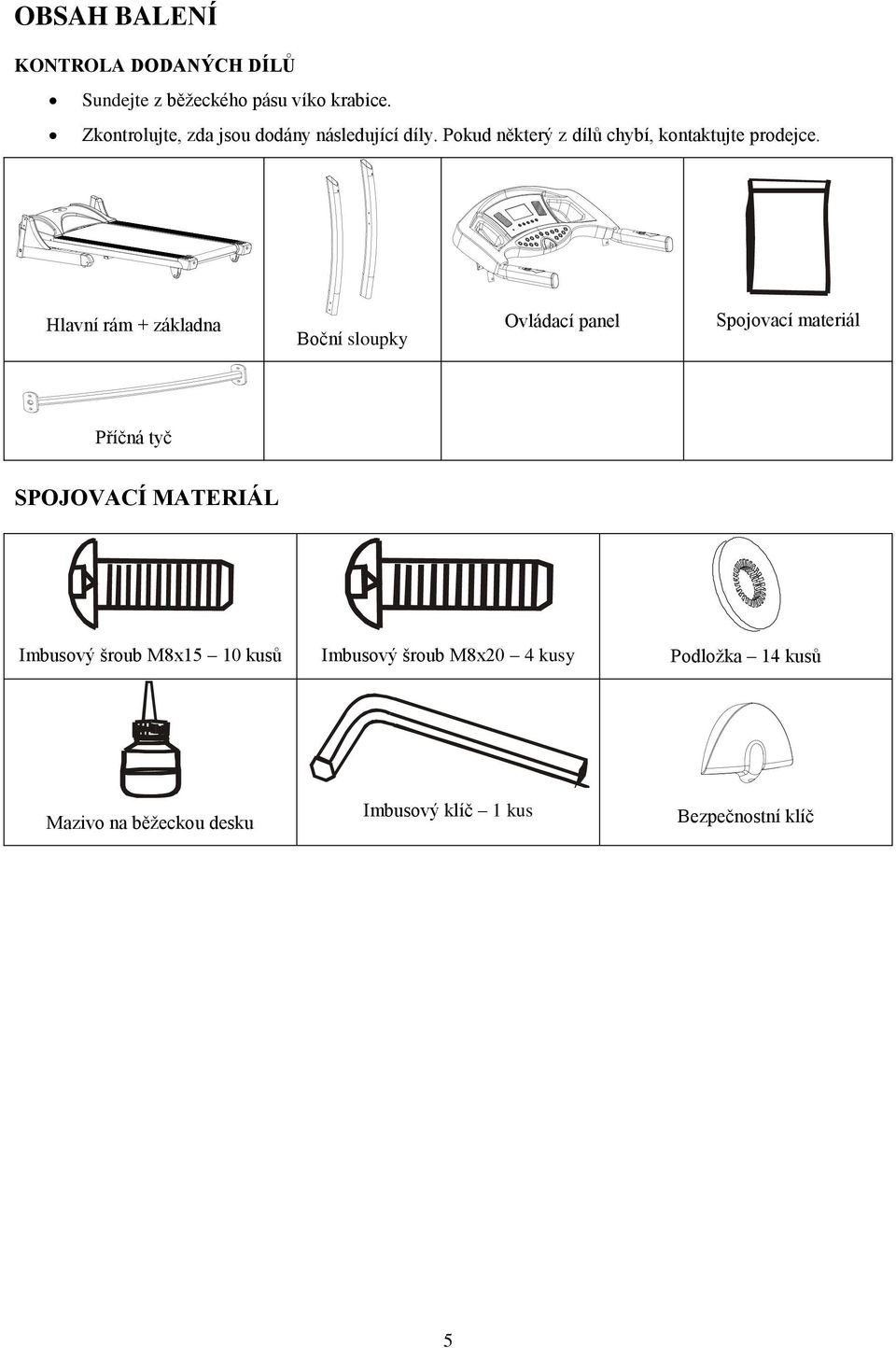Hlavní rám + základna Boční sloupky Ovládací panel Spojovací materiál Příčná tyč SPOJOVACÍ MATERIÁL