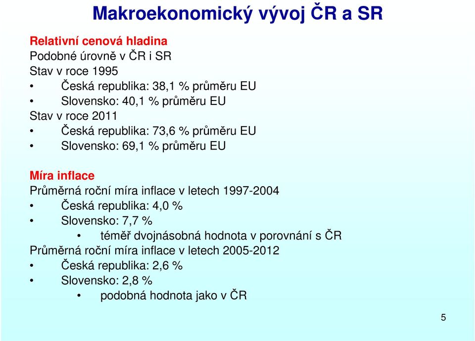 Míra inflace Průměrná roční míra inflace v letech 1997-2004 Česká republika: 4,0 % Slovensko: 7,7 % téměř dvojnásobná