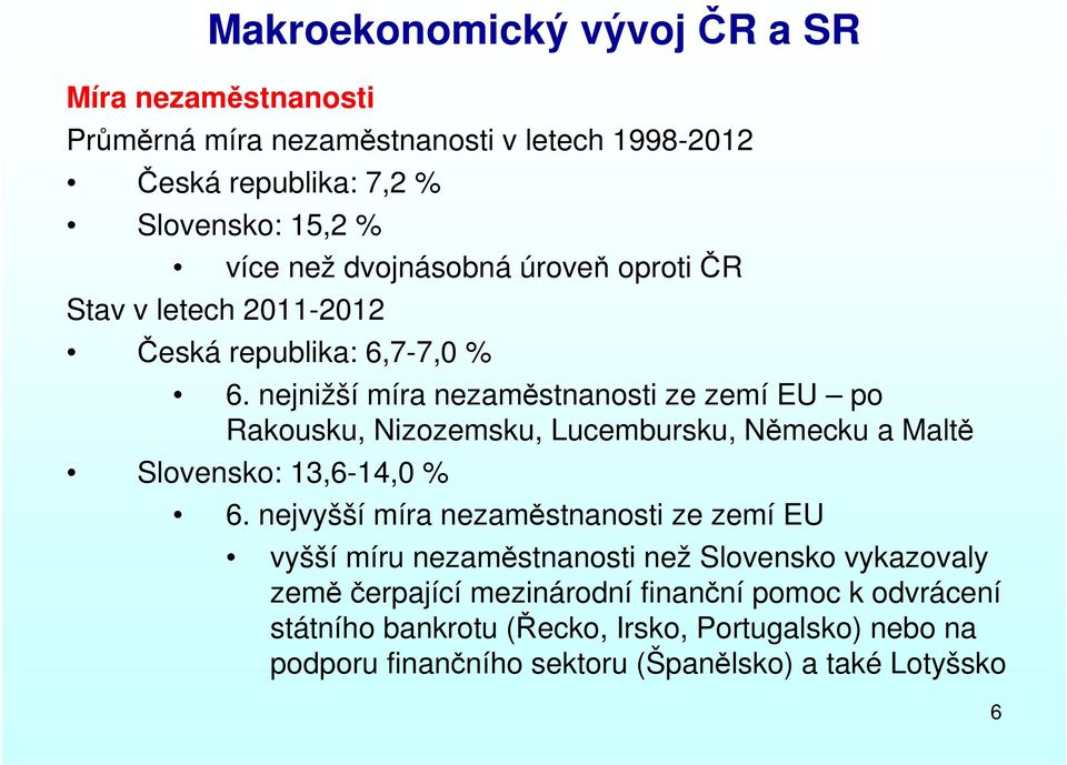 nejnižší míra nezaměstnanosti ze zemí EU po Rakousku, Nizozemsku, Lucembursku, Německu a Maltě Slovensko: 13,6-14,0 % 6.