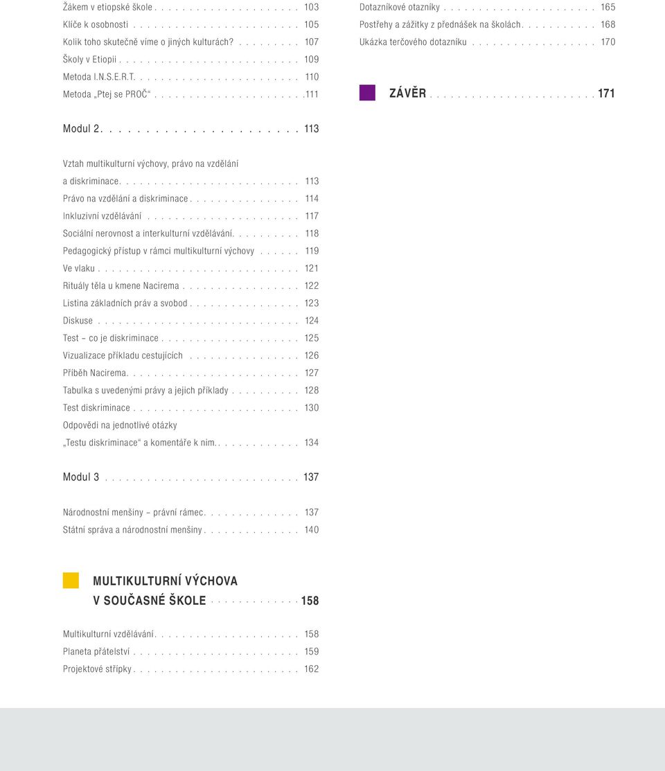 .......... 168 Ukázka terčového dotazníku.................. 170 ZÁVĚR........................ 171 Modul 2...................... 113 Vztah multikulturní výchovy, právo na vzdělání a diskriminace.