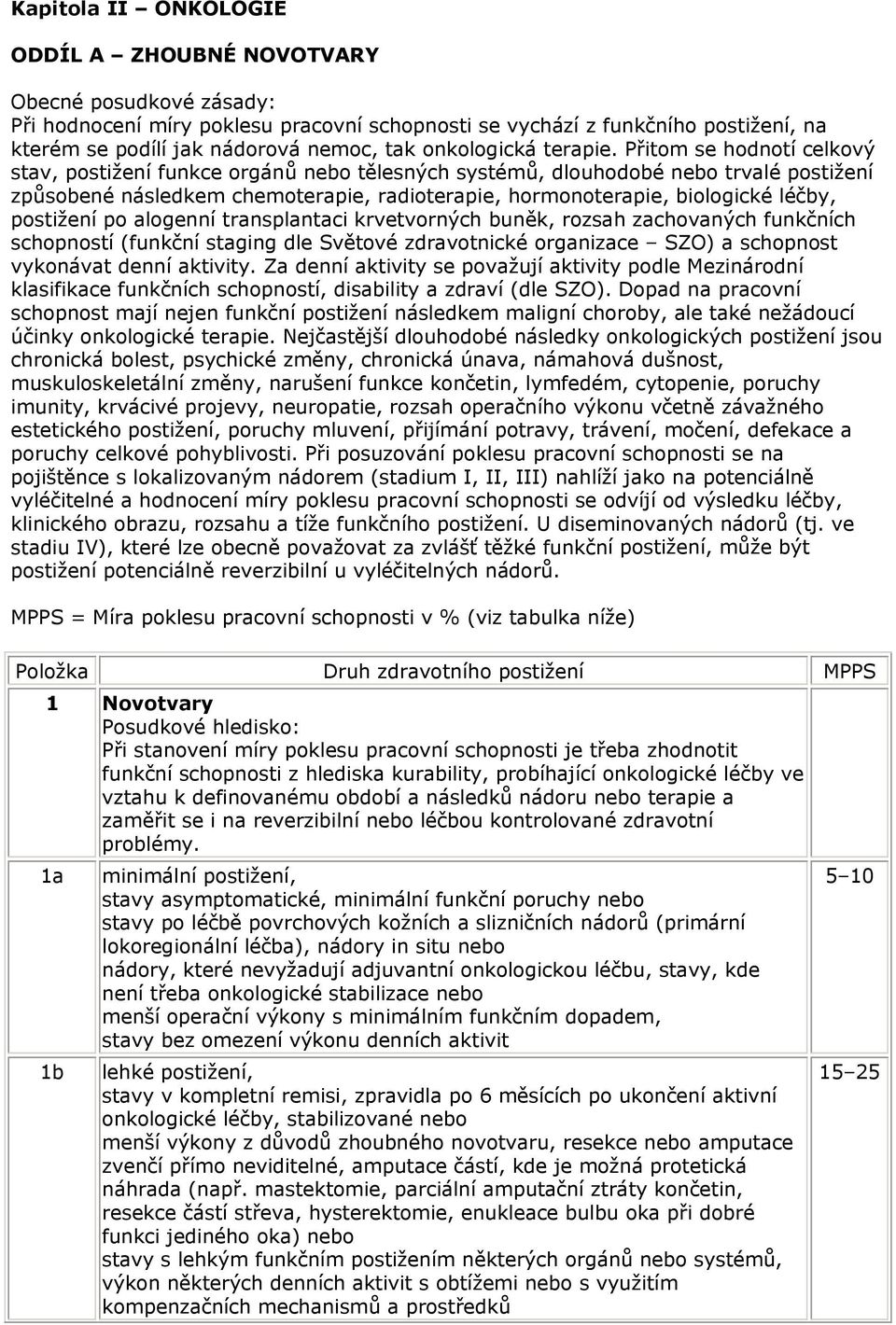 Přitom se hodnotí celkový stav, postižení funkce orgánů nebo tělesných systémů, dlouhodobé nebo trvalé postižení způsobené následkem chemoterapie, radioterapie, hormonoterapie, biologické léčby,