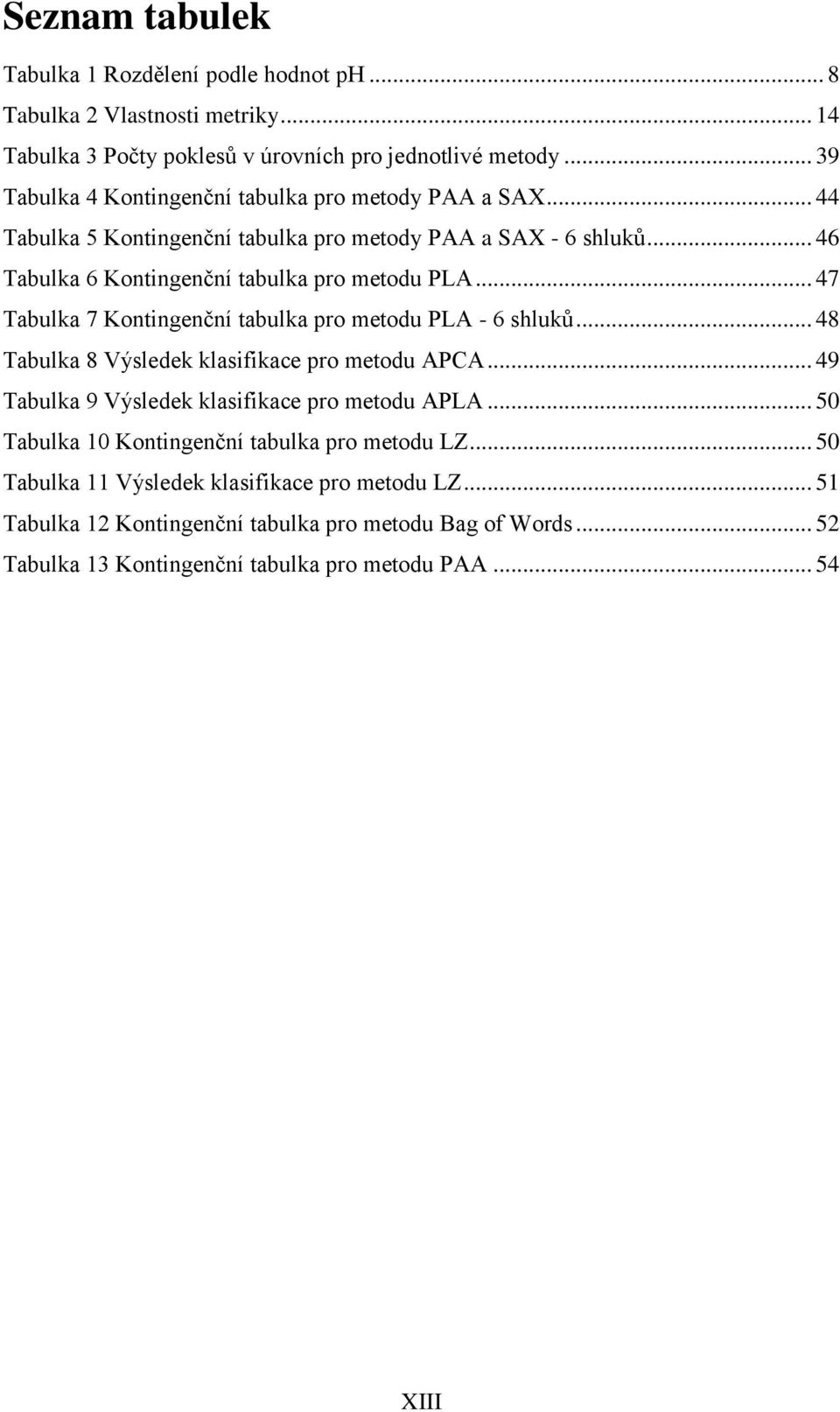 .. 47 Tabulka 7 Kontingenční tabulka pro metodu PLA - 6 shluků... 48 Tabulka 8 Výsledek klasifikace pro metodu APCA... 49 Tabulka 9 Výsledek klasifikace pro metodu APLA.