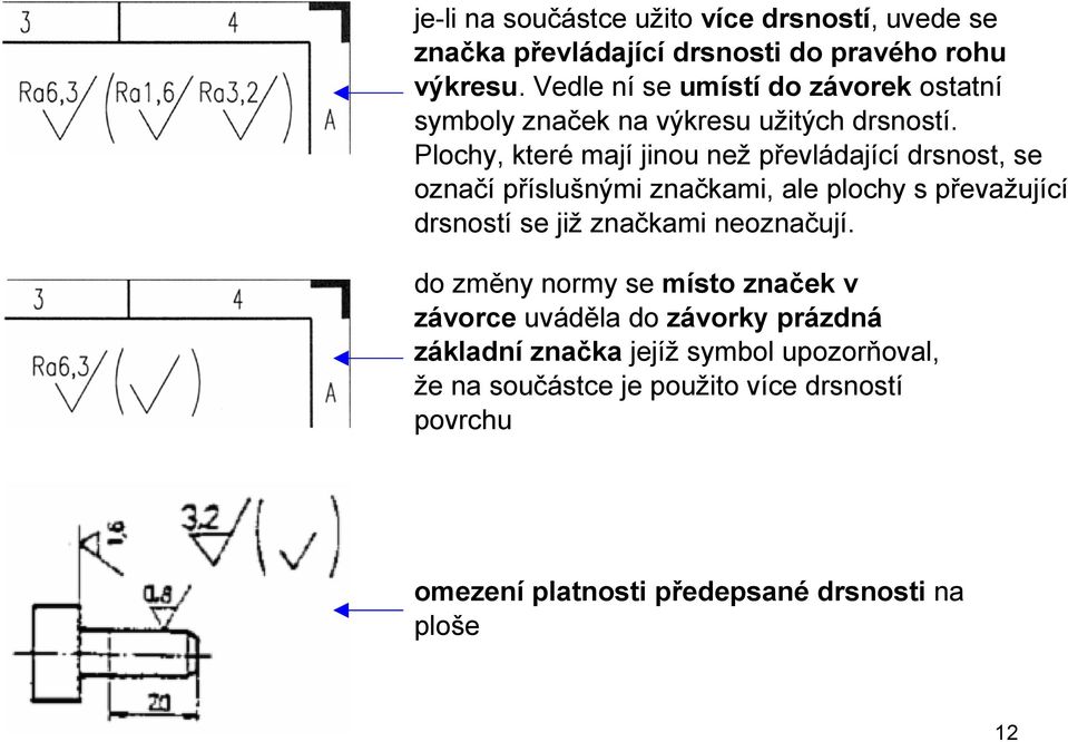 Plochy, které mají jinou než převládající drsnost, se označí příslušnými značkami, ale plochy s převažující drsností se již značkami