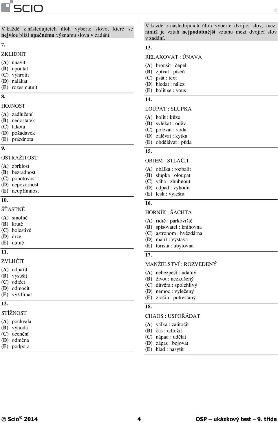 ŠŤASTNĚ (A) smolně (B) krutě (C) bolestivě (D) drze (E) nutně 11. ZVLHČIT (A) odpařit (B) vysušit (C) odtéct (D) odmočit (E) vyždímat 12.