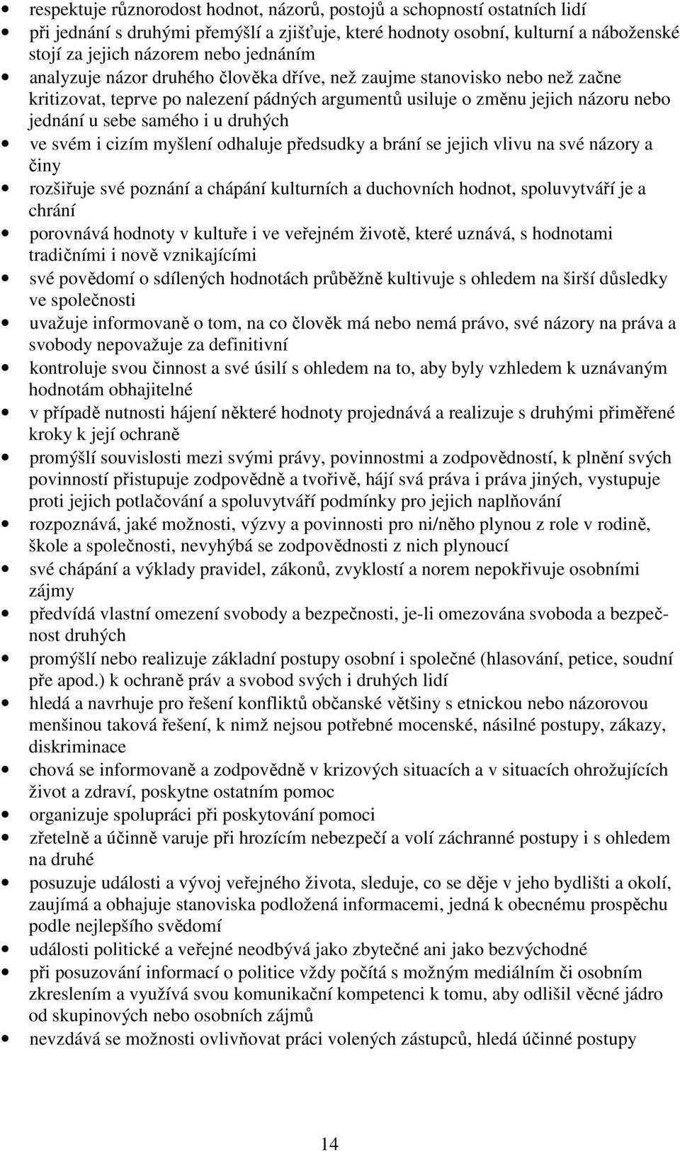 svém i cizím myšlení odhaluje předsudky a brání se jejich vlivu na své názory a činy rozšiřuje své poznání a chápání kulturních a duchovních hodnot, spoluvytváří je a chrání porovnává hodnoty v