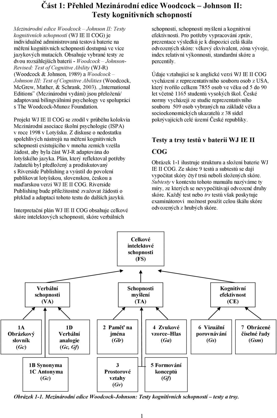 Obsahuje vybrané testy ze dvou rozsáhlejších baterií - Woodcock Johnson- Revised: Test of Cognitive Ability (WJ-R) (Woodcock & Johnson, 1989) a Woodcock Johnson III: Test of Cognitive Abilities