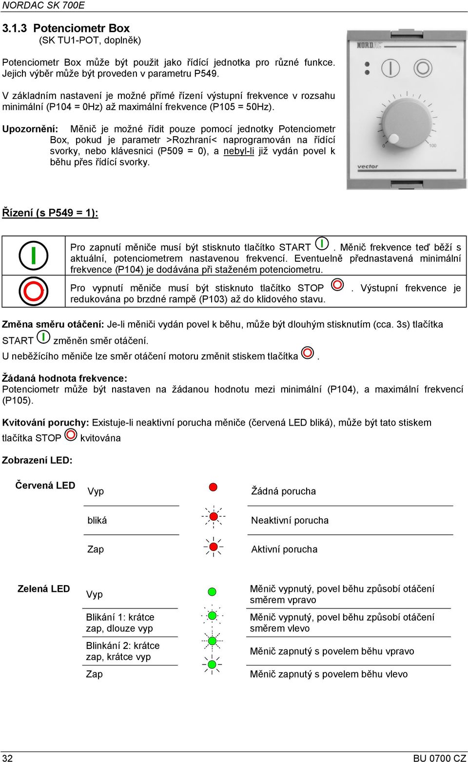 Upozornění: Měnič je možné řídit pouze pomocí jednotky Potenciometr Box, pokud je parametr >Rozhraní< naprogramován na řídící svorky, nebo klávesnici (P509 = 0), a nebyl-li již vydán povel k běhu