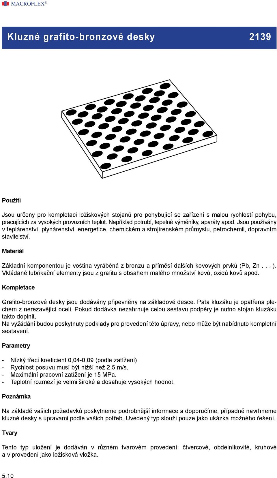 Materiál Základní komponentou je voština vyráběná z bronzu a příměsí dalších kovových prvků (Pb, Zn... ). Vkládané lubrikační elementy jsou z grafitu s obsahem malého množství kovů, oxidů kovů apod.