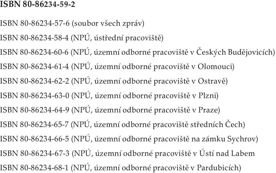 Plzni) ISBN 80-86234-64-9 (NPÚ, územní odborné pracoviště v Praze) ISBN 80-86234-65-7 (NPÚ, územní odborné pracoviště středních Čech) ISBN 80-86234-66-5 (NPÚ, územní odborné