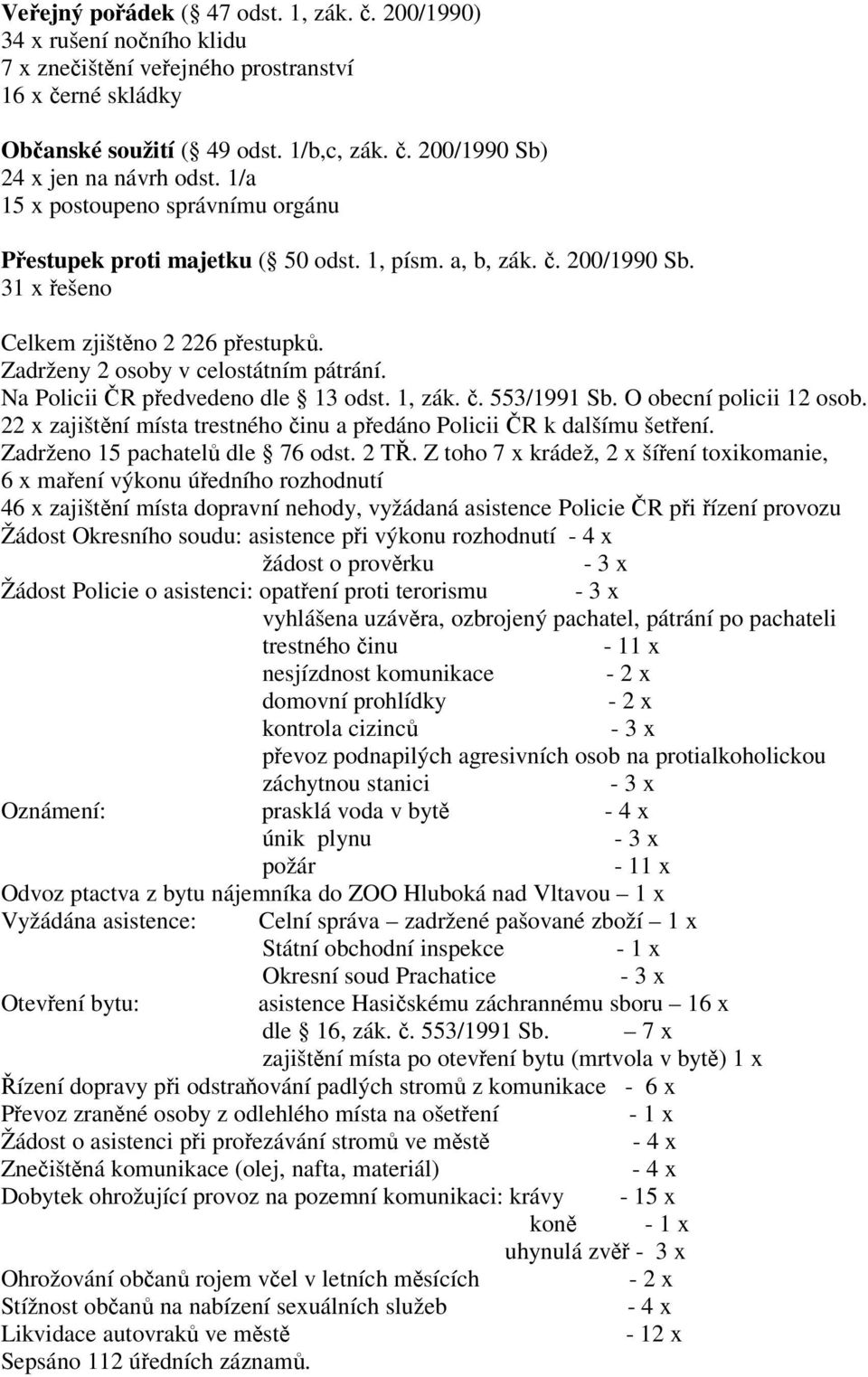 Na Policii R pedvedeno dle 13 odst. 1, zák.. 553/1991 Sb. O obecní policii 12 osob. 22 x zajištní místa trestného inu a pedáno Policii R k dalšímu šetení. Zadrženo 15 pachatel dle 76 odst. 2 T.